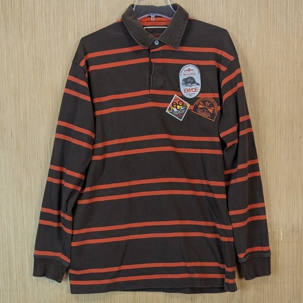 Enyce Mens Rugby Polo Shirt Large Y2K Multicolor Striped Outdoor Pursuit Patches